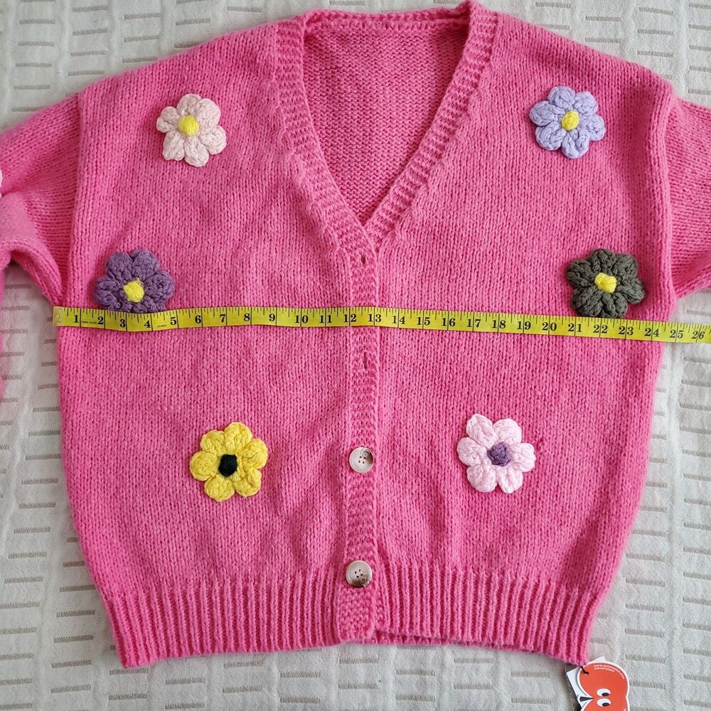 Cider Pink Chunky Crochet Flower Applique Knit Cardigan Sweater Womens 1XL